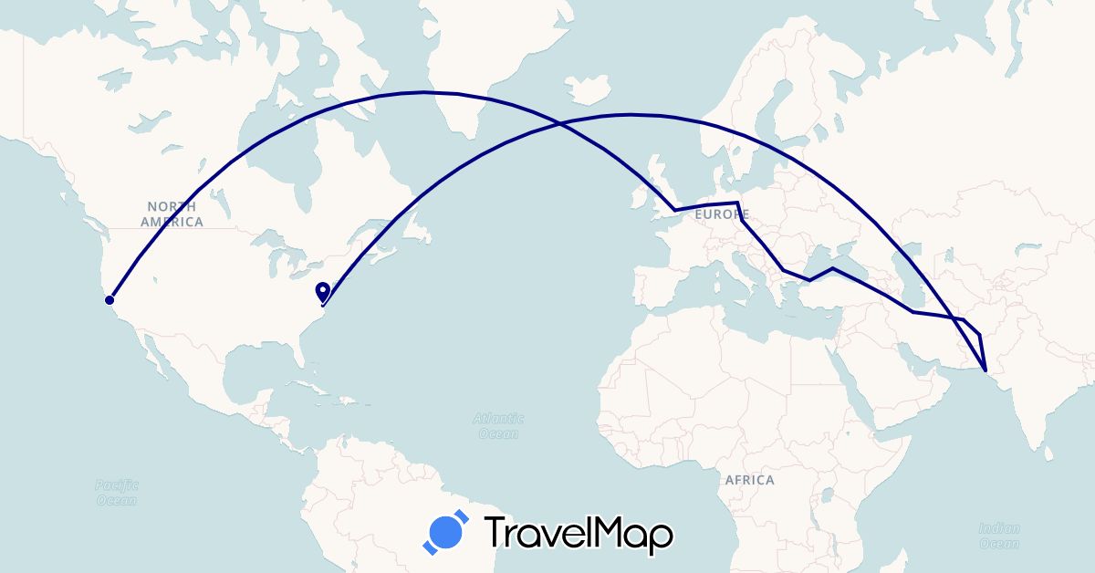 TravelMap itinerary: driving in Afghanistan, Bulgaria, Czech Republic, Germany, United Kingdom, Iran, Pakistan, Turkey, United States (Asia, Europe, North America)
